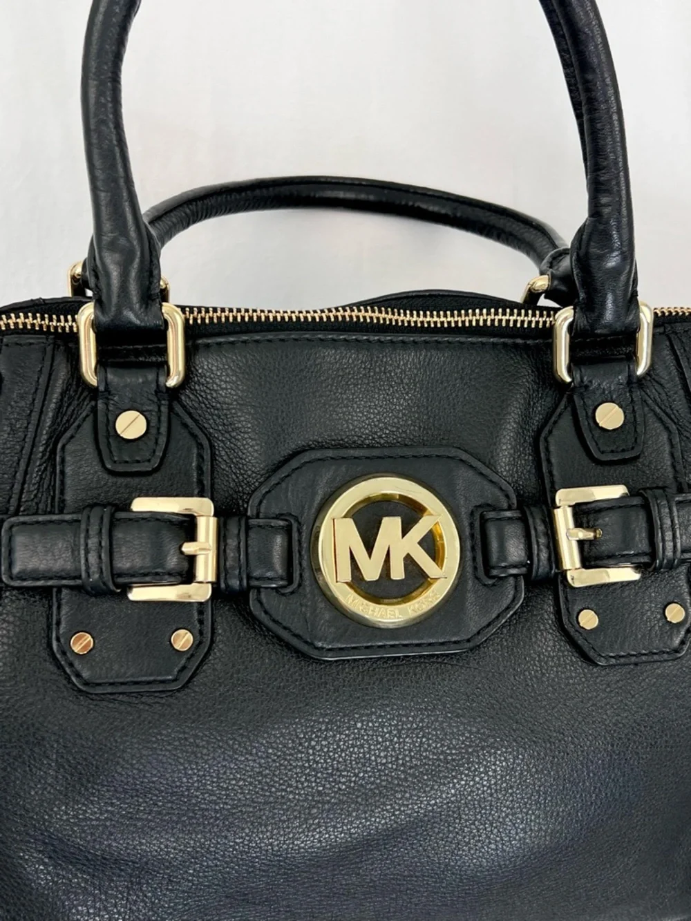 Michael Kors Large Black Hudson Satchel Tote Purse Pebbled Leather Gold